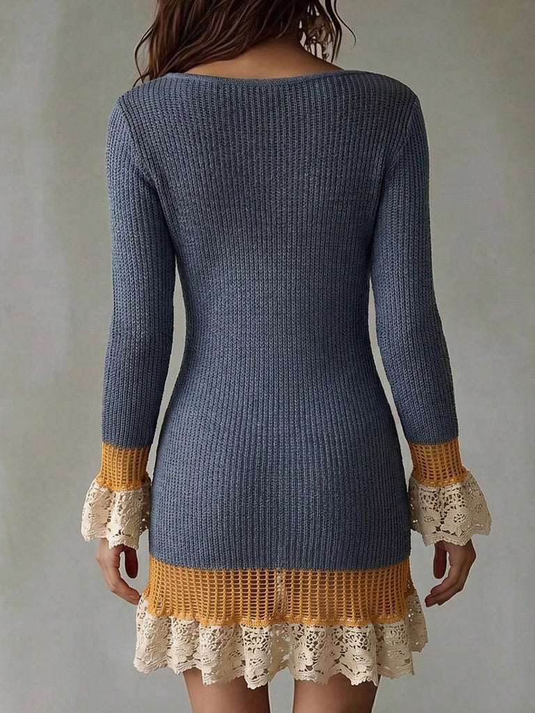 Blue 1960s Contrast Lace Trim V Neck Knit Mini Dress