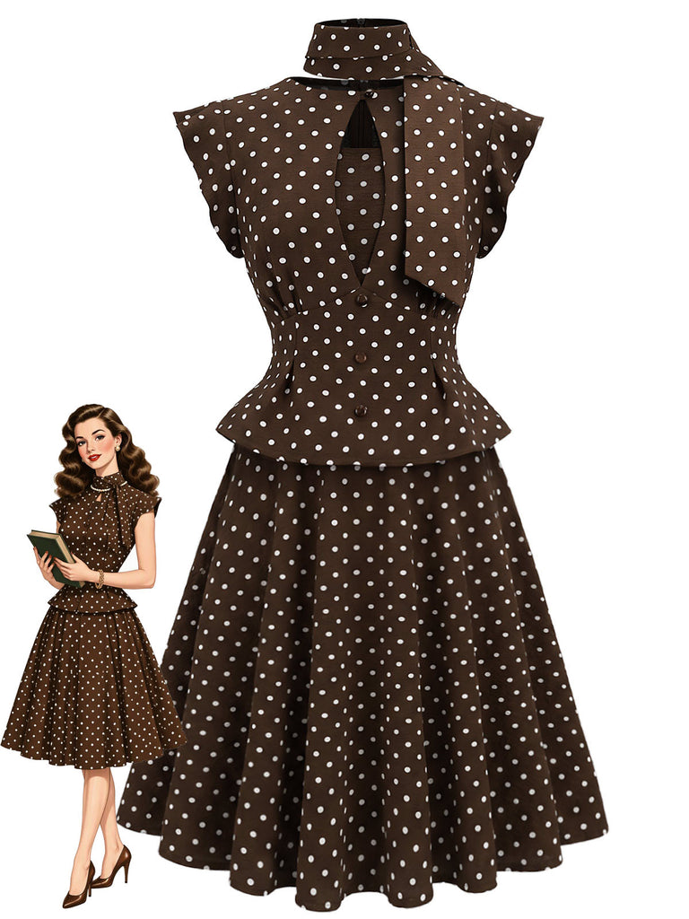 [Pre-Sale] Brown 1950s Polka Dot Tie Neck Peplum Top & Skirt Set
