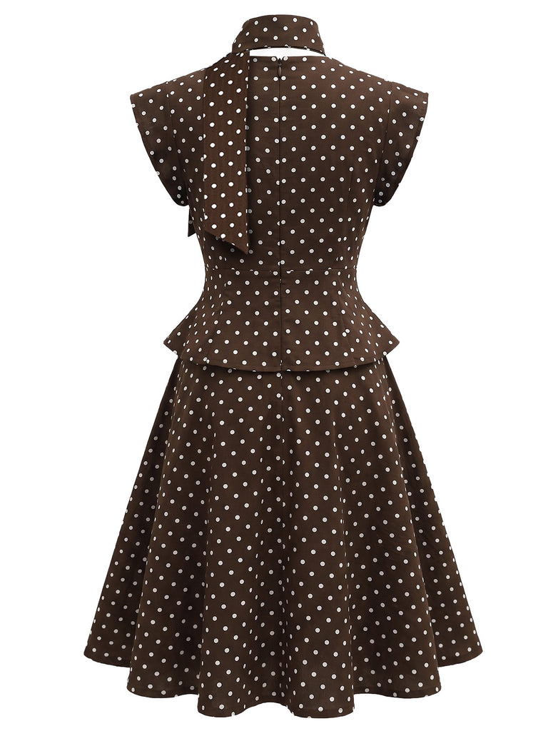 [Pre-Sale] Brown 1950s Polka Dot Tie Neck Peplum Top & Skirt Set
