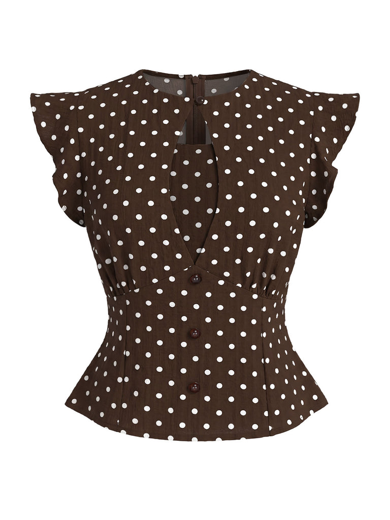 [Pre-Sale] Brown 1950s Polka Dot Tie Neck Peplum Top & Skirt Set