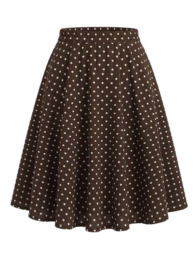 [Pre-Sale] Brown 1950s Polka Dot Tie Neck Peplum Top & Skirt Set