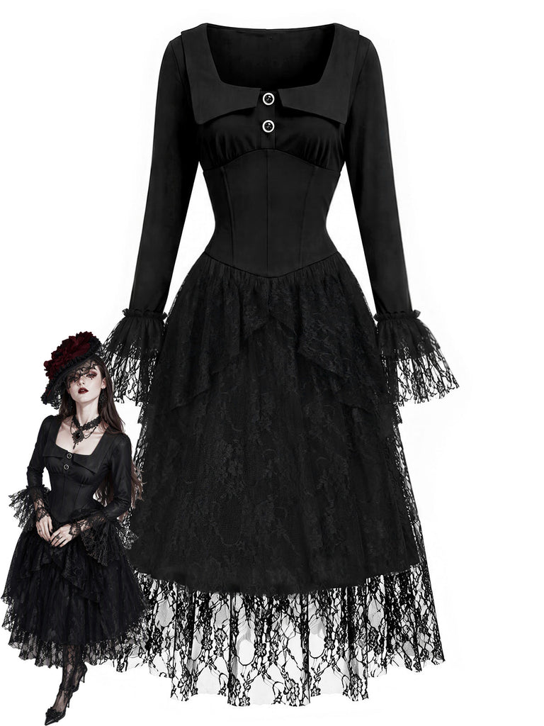 [Pre-Sale] 1970s Black Square Neck Gothic Knit Dress 1