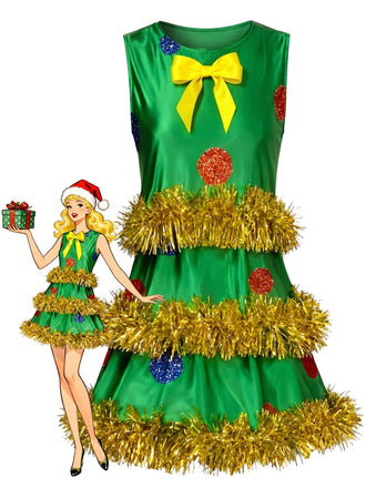 Green 1970s Christmas Tree Tinsel Sleeveless A-Line Dress