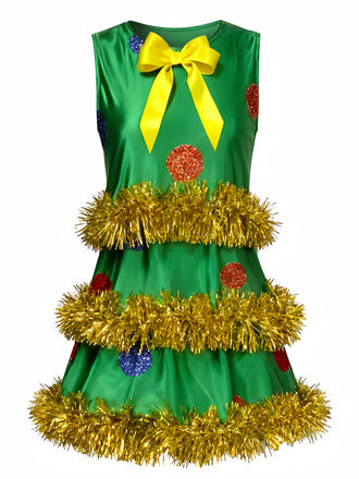Green 1970s Christmas Tree Tinsel Sleeveless A-Line Dress