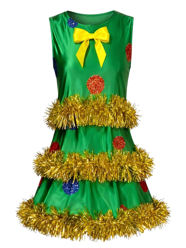 Green 1970s Christmas Tree Tinsel Sleeveless A-Line Dress