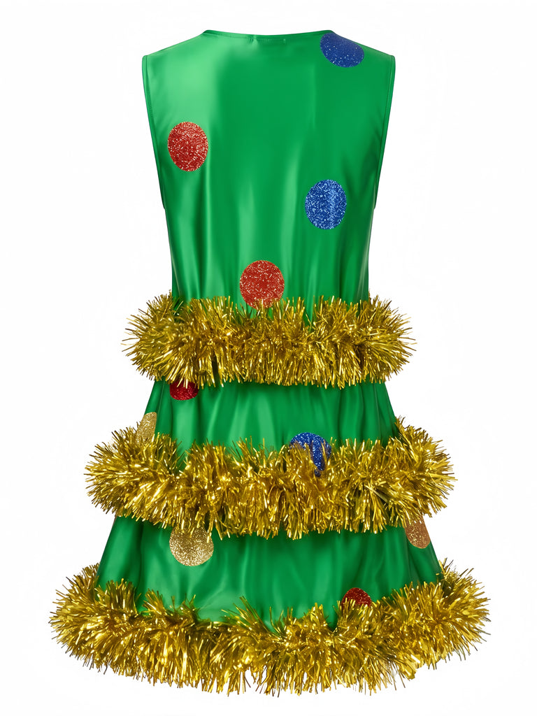 Green 1970s Christmas Tree Tinsel Sleeveless A-Line Dress