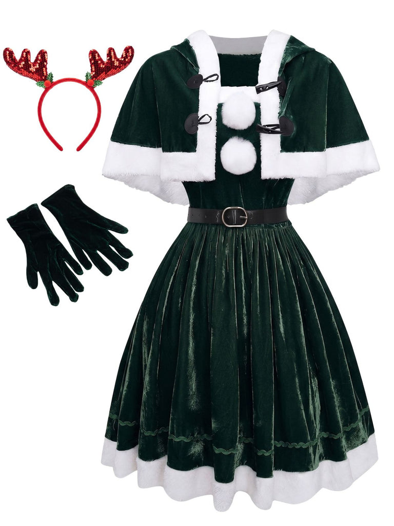 Green 1950s Christmas Velvet Bandeau Dress & Cape Set