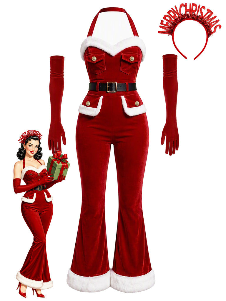 [Pre-Sale] Red 1960s Christmas Utility Velvet Flare Jumpsuit