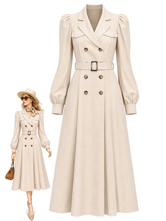 [Pre-Sale] Beige 1940s Double-Breasted Puff Sleeve Trench Coat