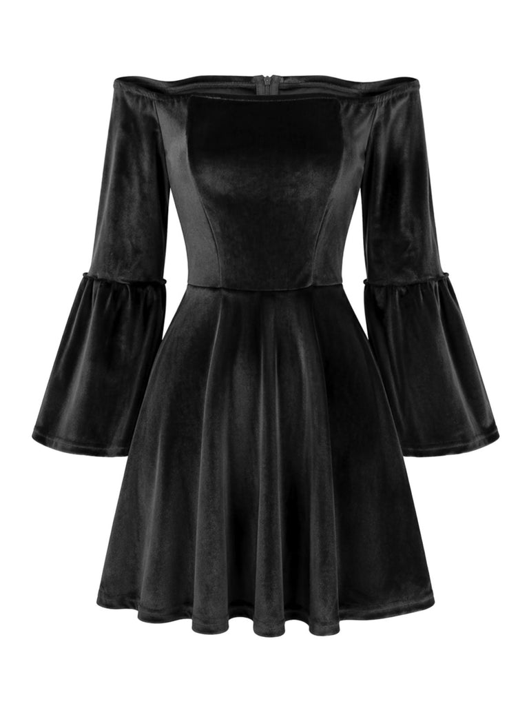 Velvet Off Shoulder Bell Sleeve Midi Dress 2