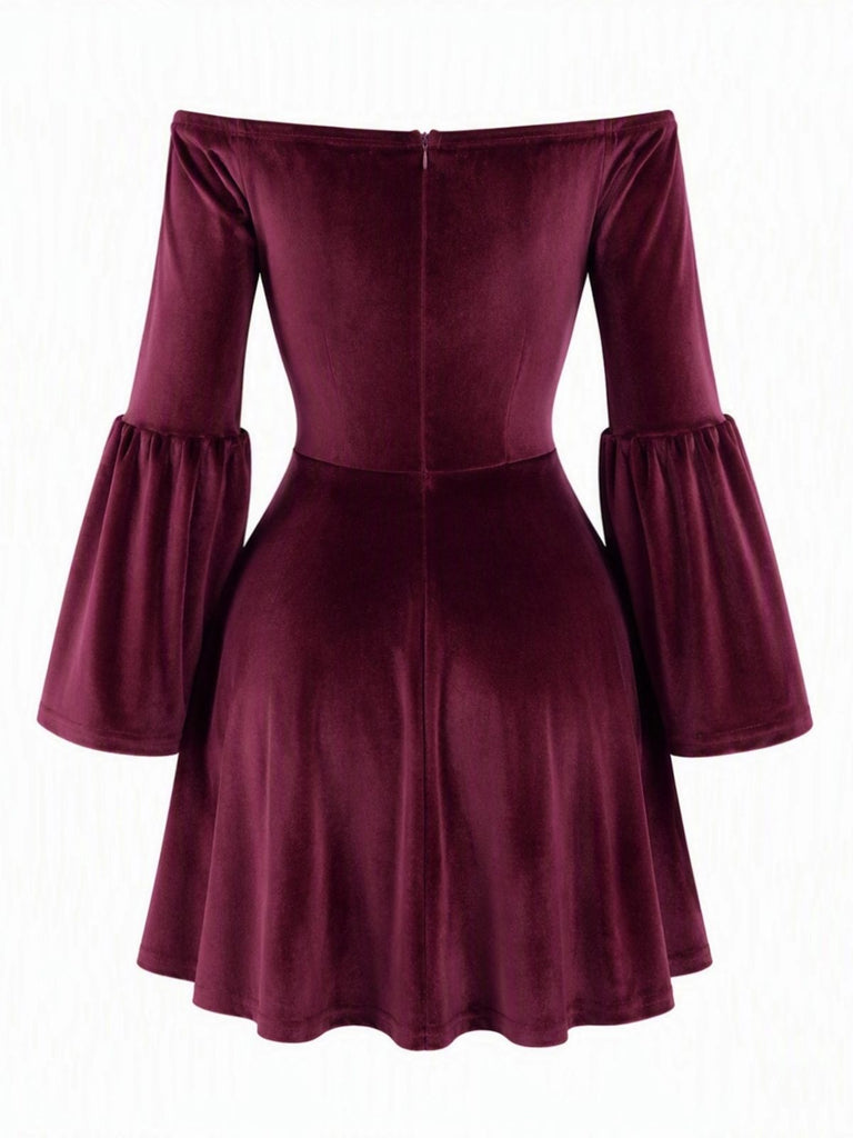 Velvet Off Shoulder Bell Sleeve Midi Dress 11