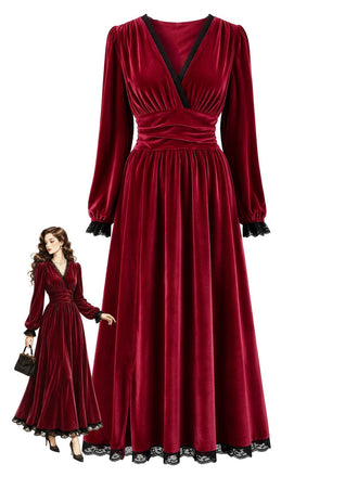 Wine Red 1950s Christmas Lace Velvet Dress 1