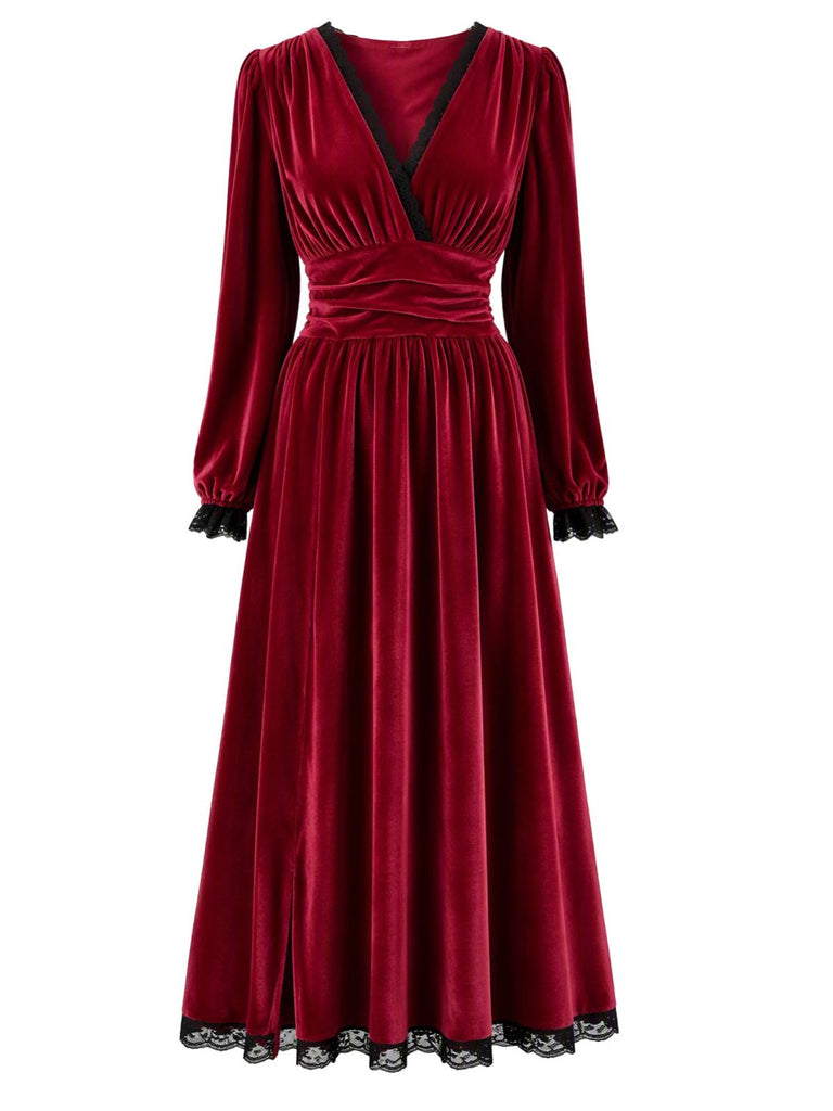 Wine Red 1950s Christmas Lace Velvet Dress 2