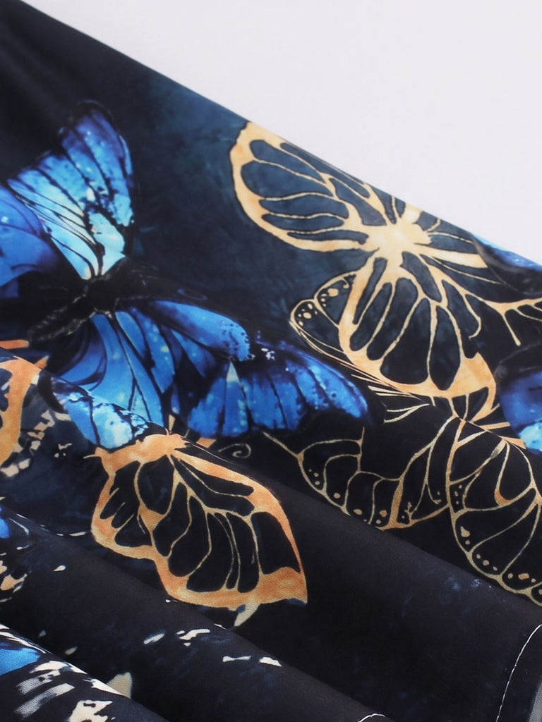 Black 1940s Butterfly Print Puff Sleeve A Line Dress