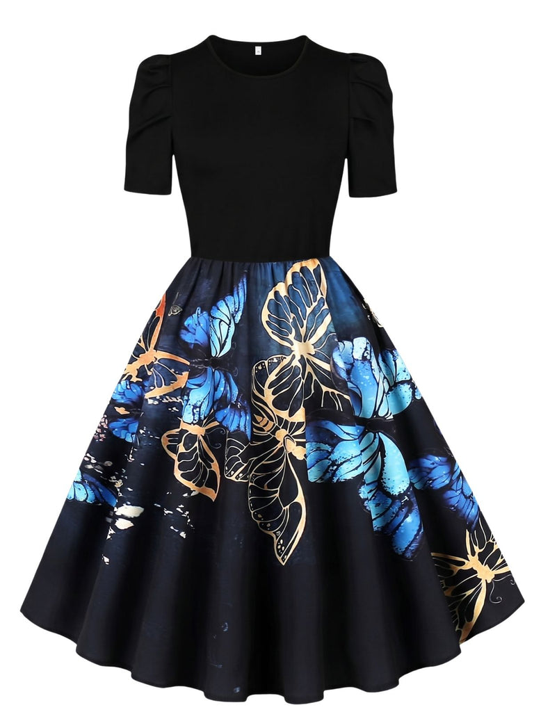 Black 1940s Butterfly Print Puff Sleeve A Line Dress
