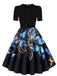 Black 1940s Butterfly Print Puff Sleeve A Line Dress