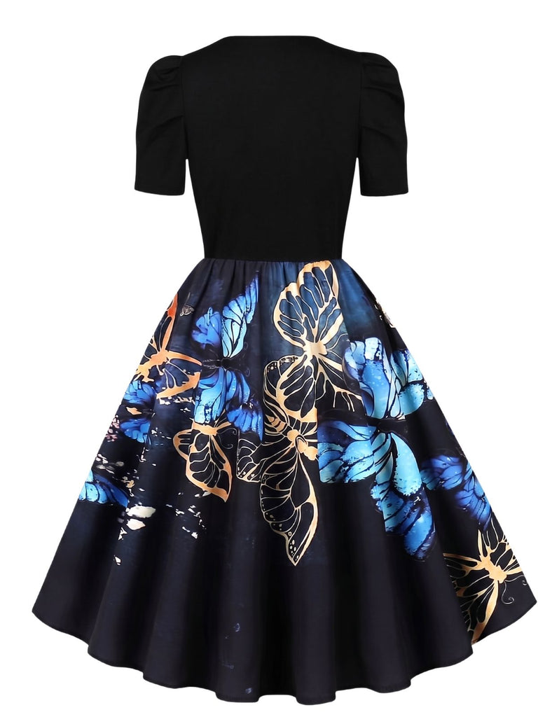 Black 1940s Butterfly Print Puff Sleeve A Line Dress