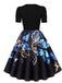 Black 1940s Butterfly Print Puff Sleeve A Line Dress