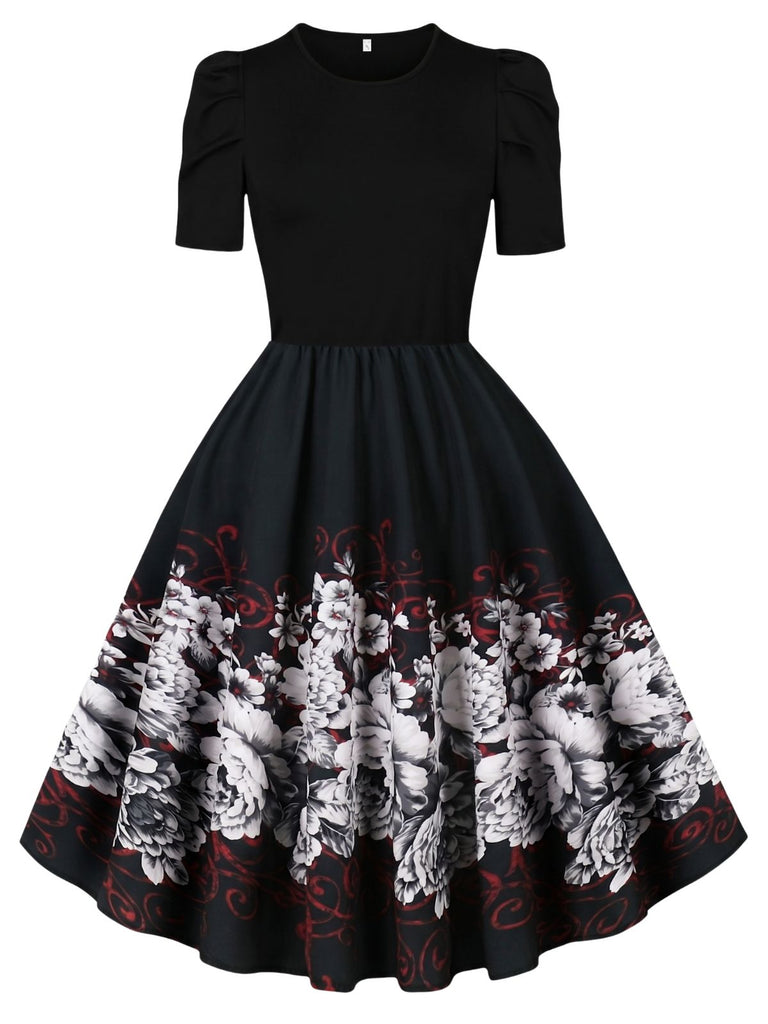 Black 1940s Butterfly Print Puff Sleeve A Line Dress