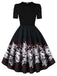 Black 1940s Butterfly Print Puff Sleeve A Line Dress