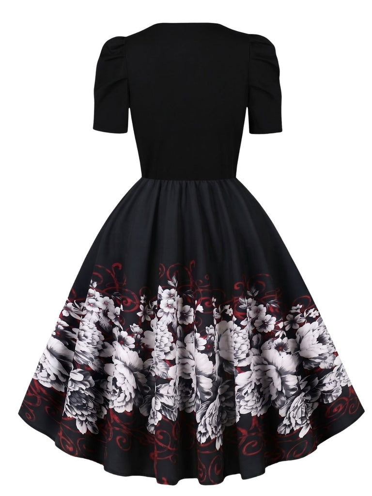 Black 1940s Butterfly Print Puff Sleeve A Line Dress