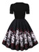 Black 1940s Butterfly Print Puff Sleeve A Line Dress