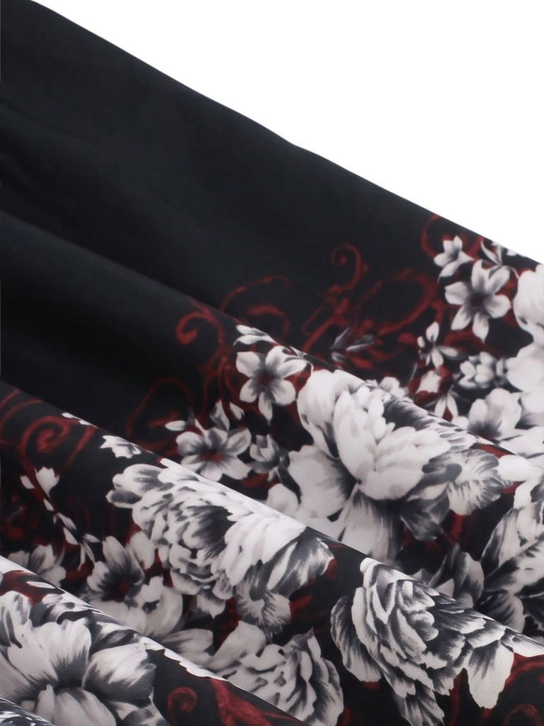Black 1940s Butterfly Print Puff Sleeve A Line Dress