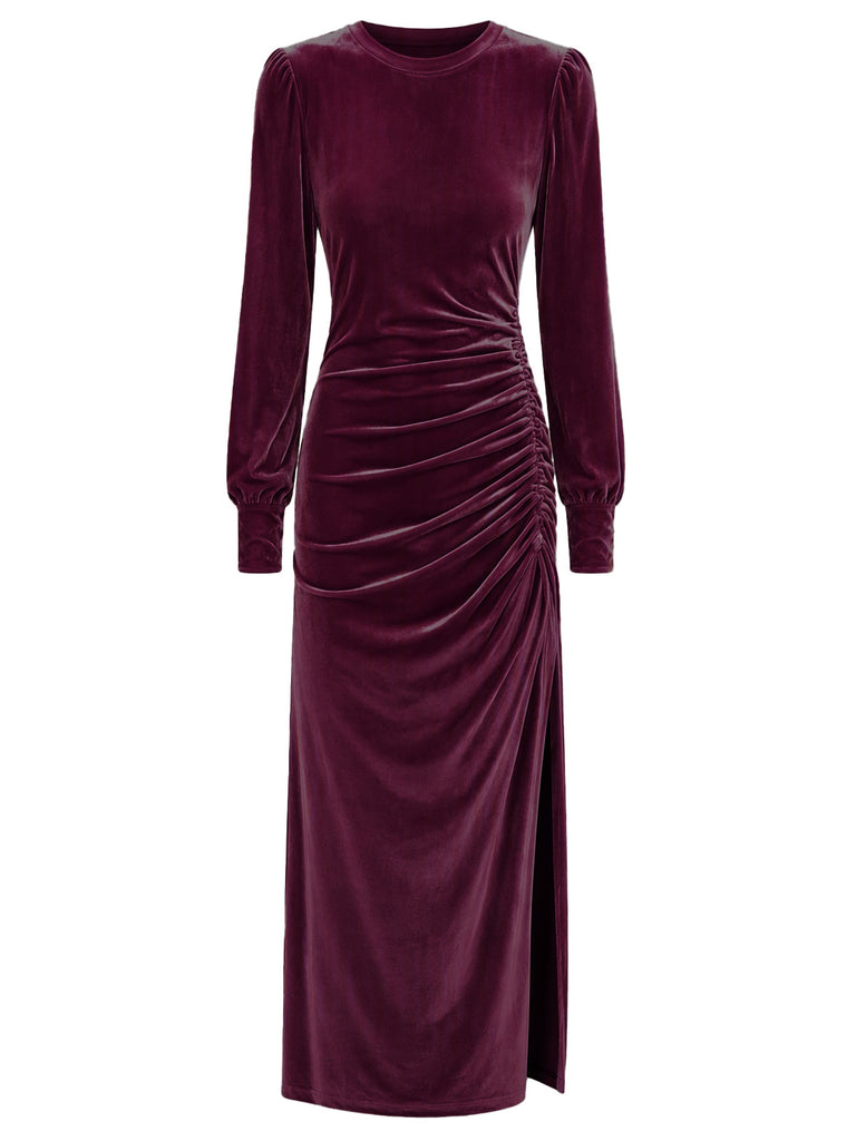 Velvet Ruched Waist Slit Evening Midi Dress 8