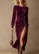 Velvet Ruched Waist Slit Evening Midi Dress 10