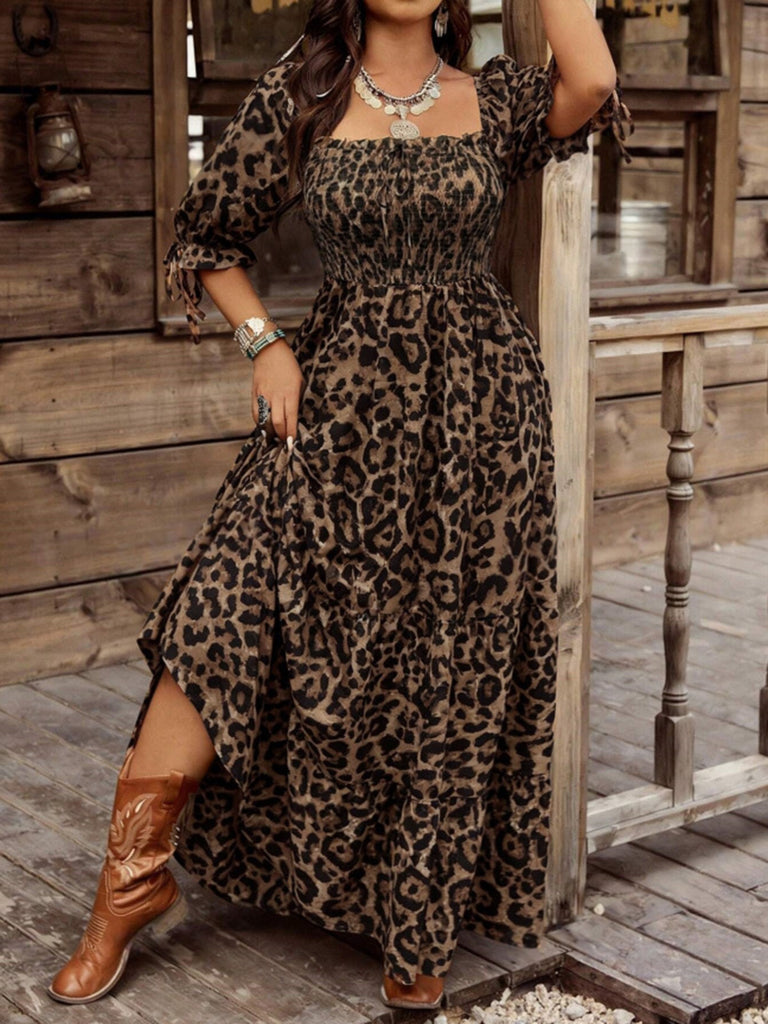 Plus Size Leopard Print Ruched Midi Dress 6