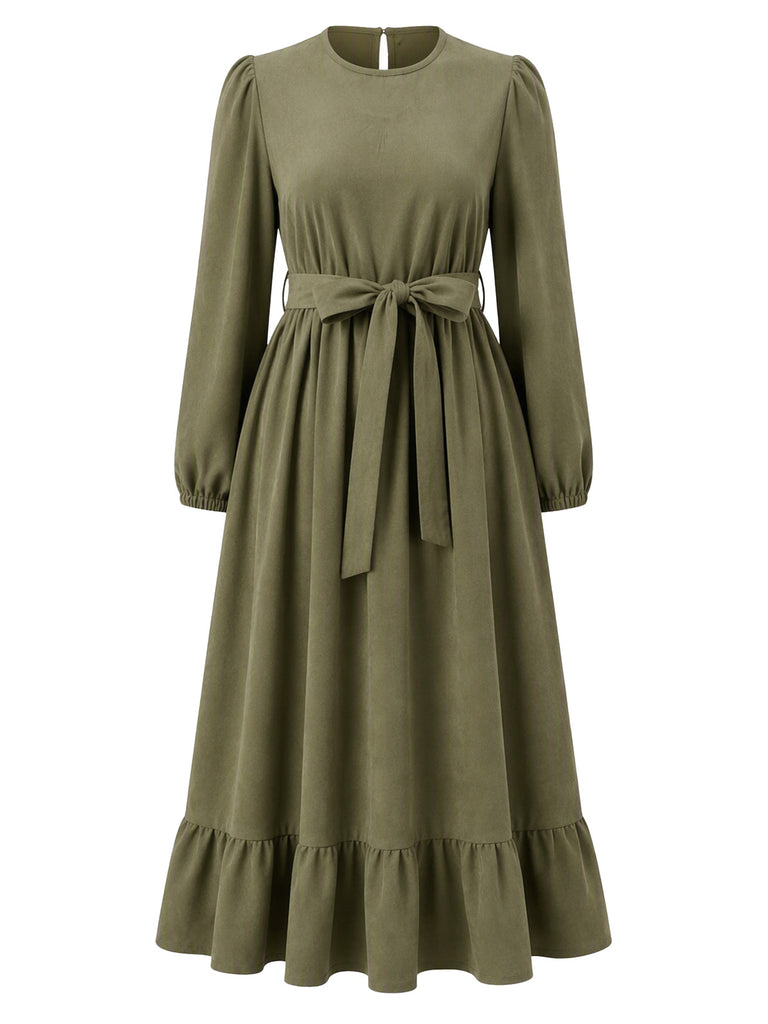 Army Green Lantern Sleeve Midi Dress 2