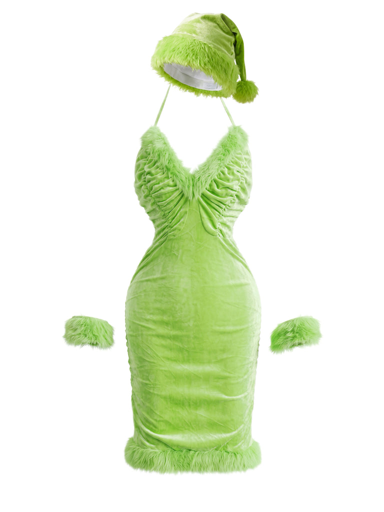 Green 1970s Christmas Velvet Faux-Fur Trim Halter Dress Set