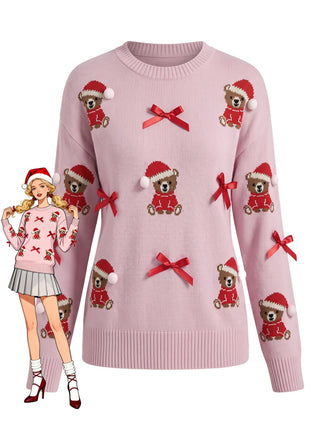 Teddy Bear Bow Jacquard Christmas Sweater 1