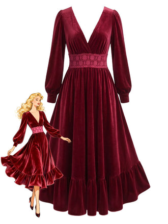 Red 1950s Velvet V Neck Dress 1