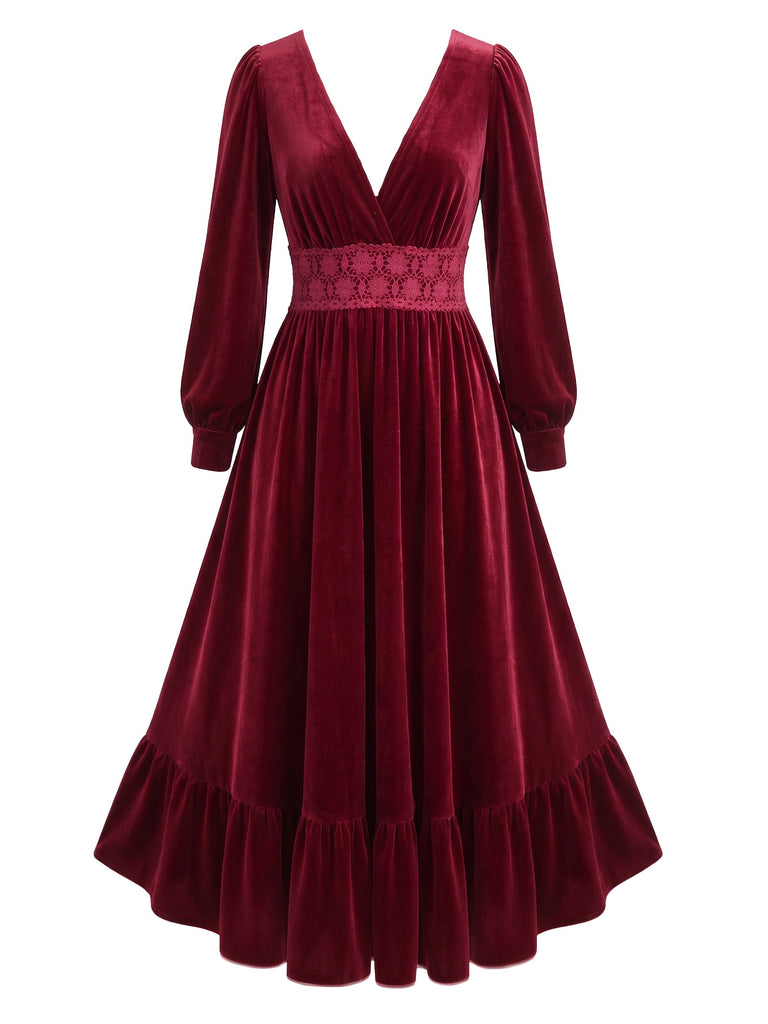 Red 1950s Velvet V Neck Dress 2