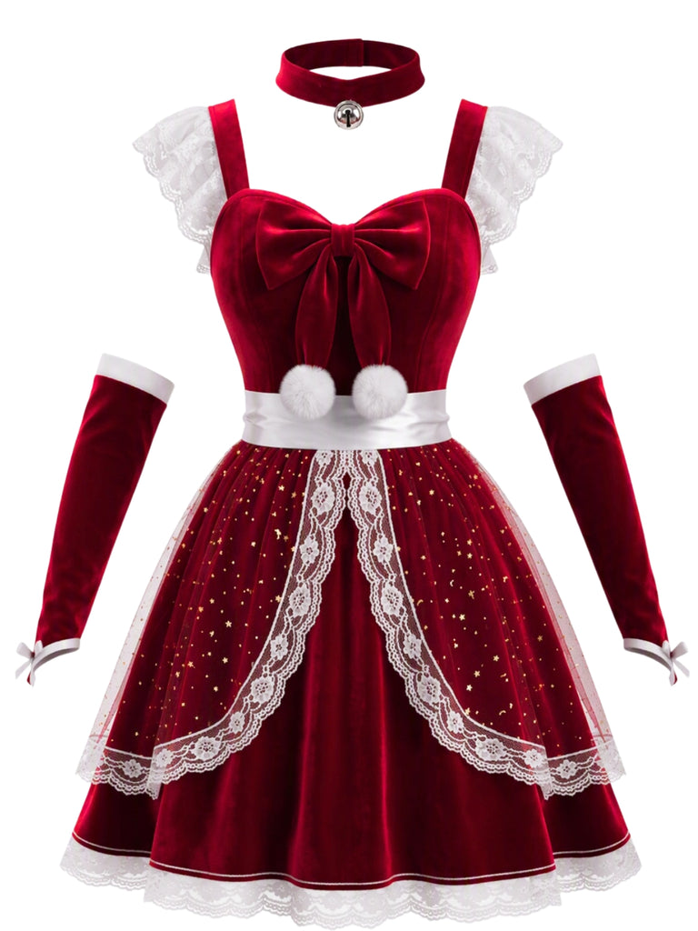 Red 1940s Christmas Mesh Dress 2