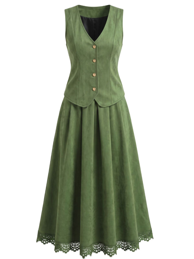 Dark Green Velvet Vest Skirt Set 1