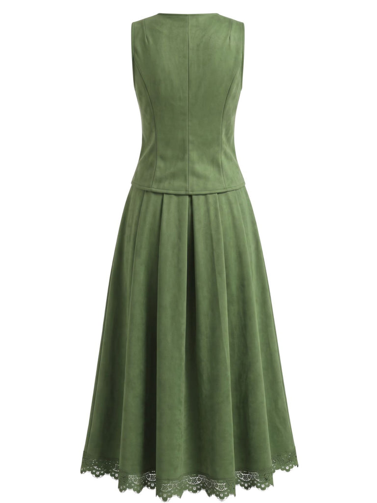 Dark Green Velvet Vest Skirt Set 2