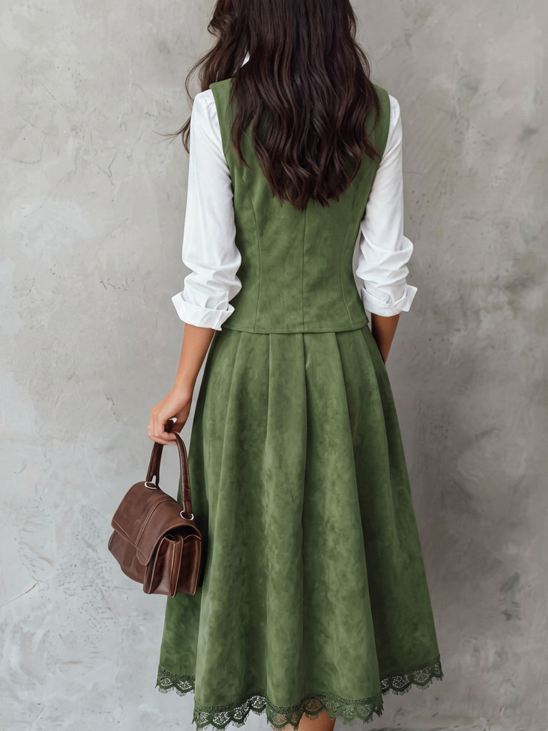 Dark Green Velvet Vest Skirt Set 4