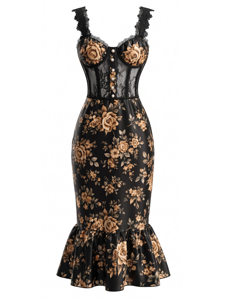 French Floral Fishtail Bodycon Midi Dress 2