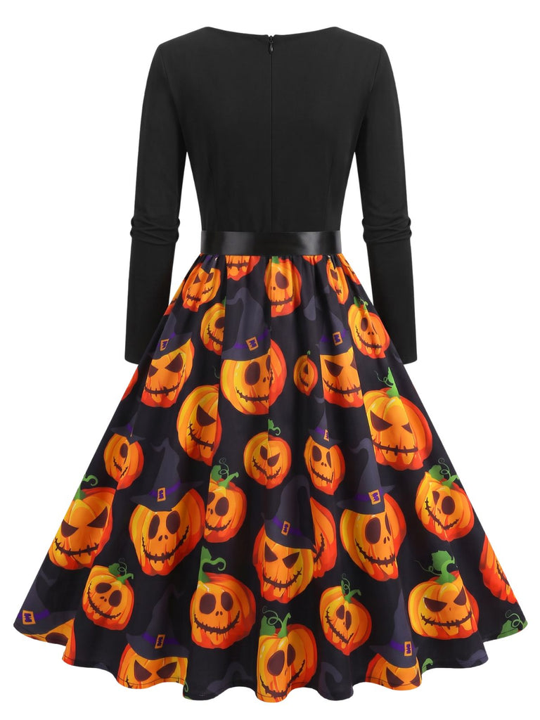 1940s Halloween Pumpkin Print Petal Neck Swing Dress