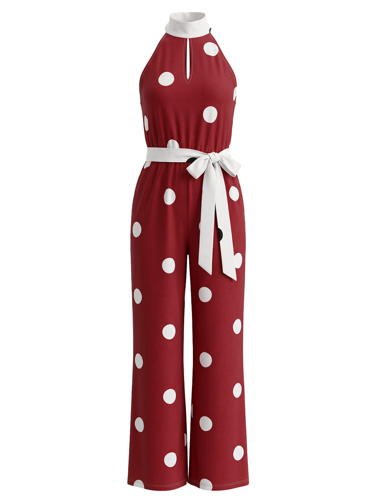 Polka Dot Halter Sleeveless Wide Leg Jumpsuit 3
