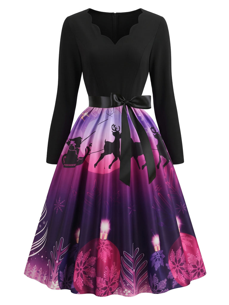 Bright Purple 1950s Christmas Floral V Neck Dress 1