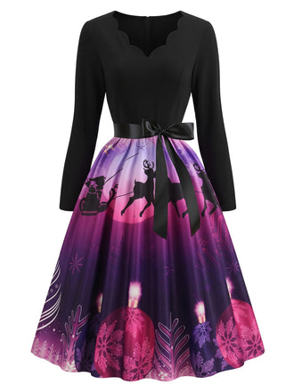 Bright Purple 1950s Christmas Floral V Neck Dress 1
