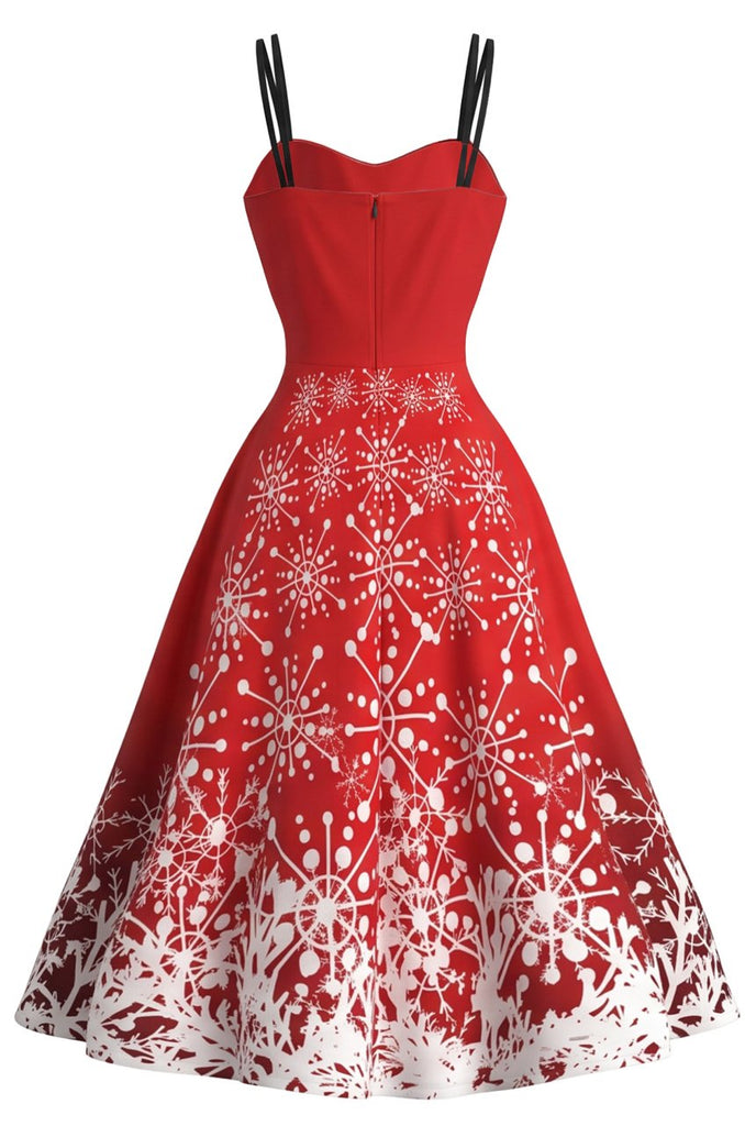 Red 1950s Christmas Reindeer Snowflake Print Swing Dress