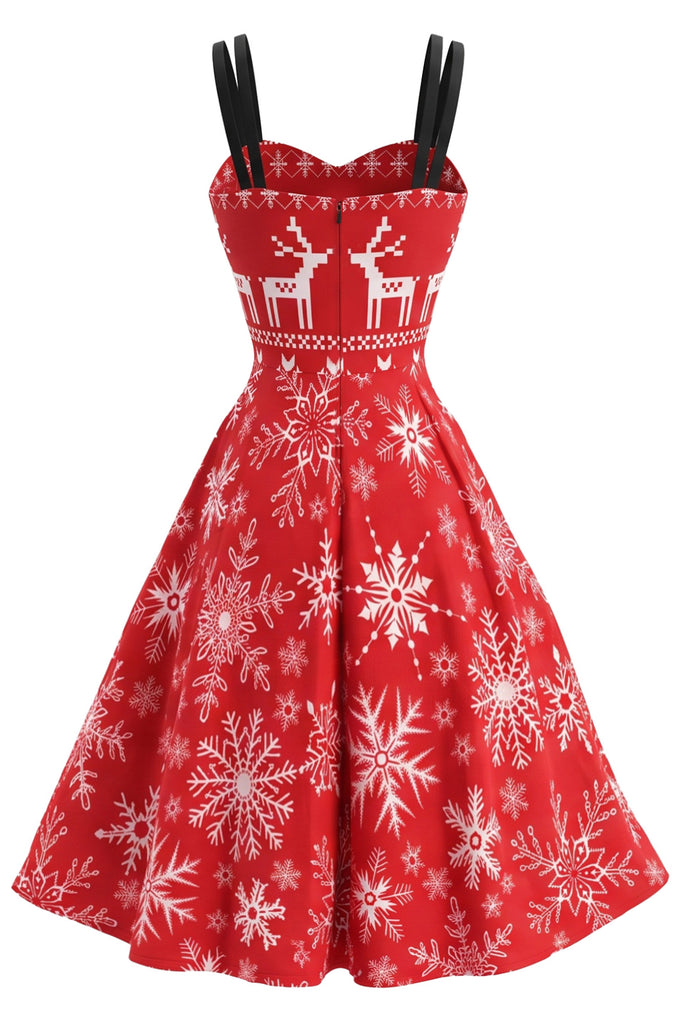 Red 1950s Christmas Reindeer Snowflake Print Swing Dress