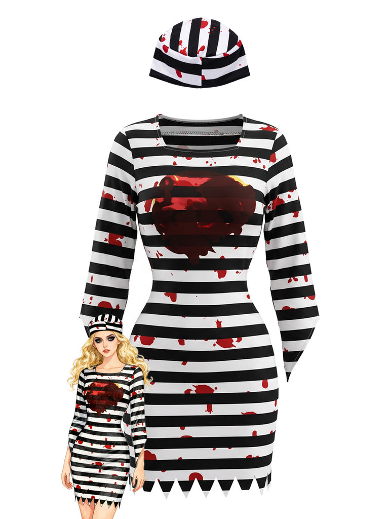 1970s Halloween Prisoner Striped Blood Splatter Mini Dress