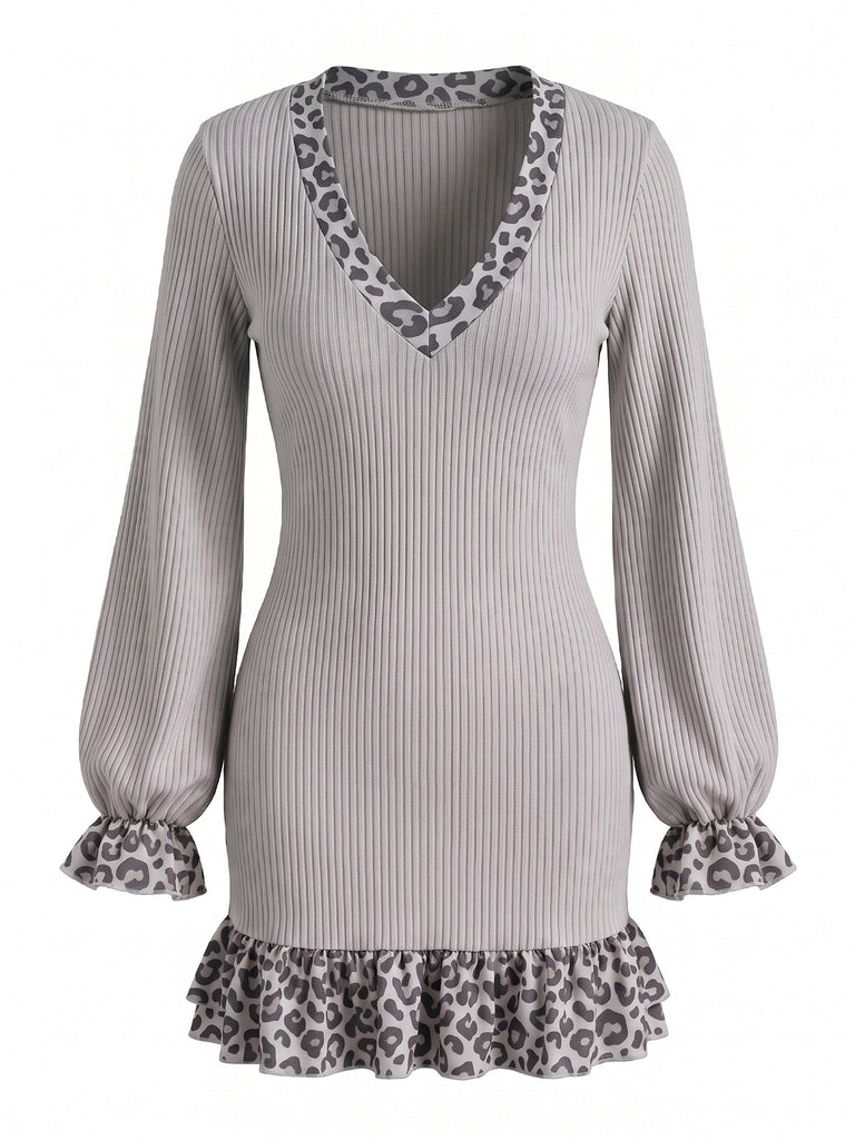 Leopard Knit Deep V Ruffle Mini Dress 4
