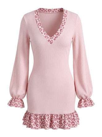 Leopard Knit Deep V Ruffle Mini Dress 5