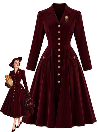 [Pre-Sale] Red 1940s Velvet Lapel Collar Pockets Button Midi Dress